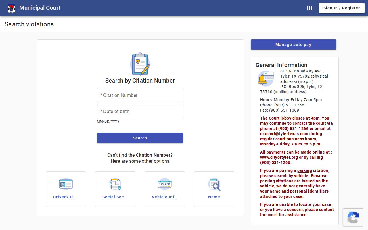 Tyler Municipal Court citation portal used when checking a city warrant case