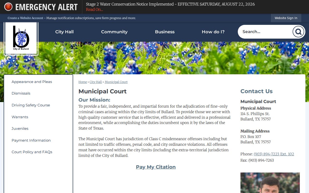 Bullard Municipal Court official jurisdiction and contact page