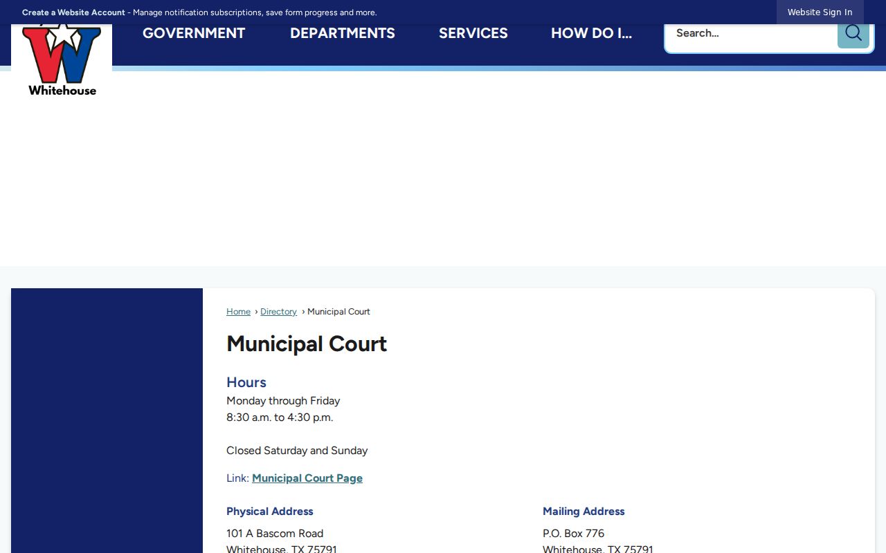 Whitehouse Municipal Court official directory and contact block