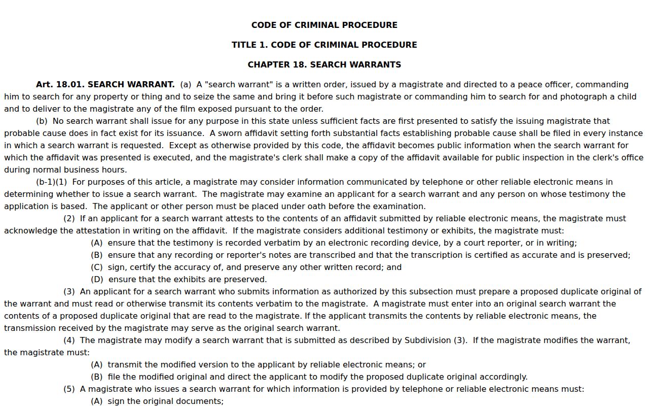 Smith County arrest and search warrant context in Texas Chapter 18