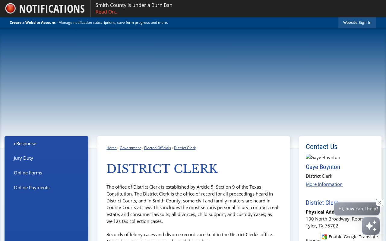 Smith County District Clerk felony warrant records and contact page